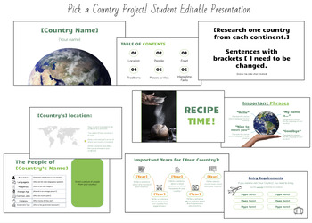 Preview of Pick a Country Project! Student Editable Presentation