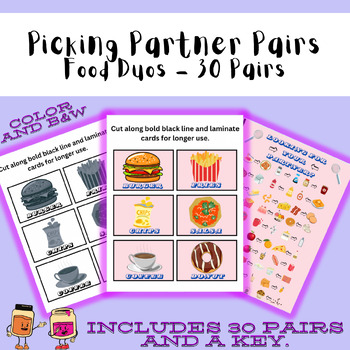 Preview of Picking Partner Pairs | Matching Food Duos | Puns | 30 Pairings  | Partner Match
