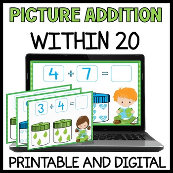 Preview of Earth Day Addition With Pictures Within 20 - Single Digit Addition Task Cards 