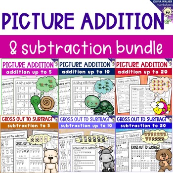 Preview of Picture Addition and Subtraction (cross out to subtract)  Worksheets  Printables