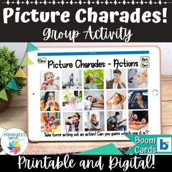 Preview of Picture Charades Group Game Boom Cards™ + Print Speech Therapy Activity