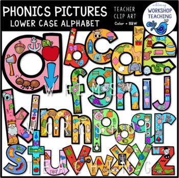 Preview of Phonics Pictures Filled Alphabet (lowercase) Clip Art - Whimsy Workshop Teaching