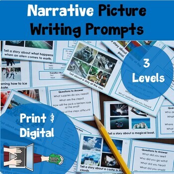 Preview of Narrative Picture Prompt Writing Task Cards | Print and Digital bundle