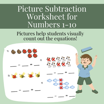 Picture Subtraction K from 1 to 10 Worksheet by Tiffanys Tykes | TPT