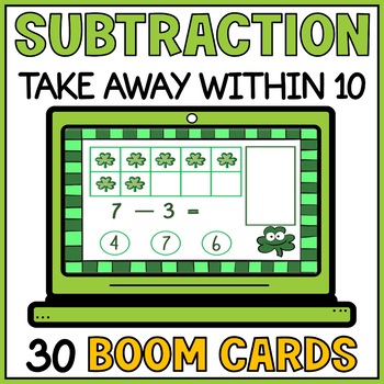 Preview of St Patricks Day Subtraction with Pictures Within 10 Boom Cards | Take Away