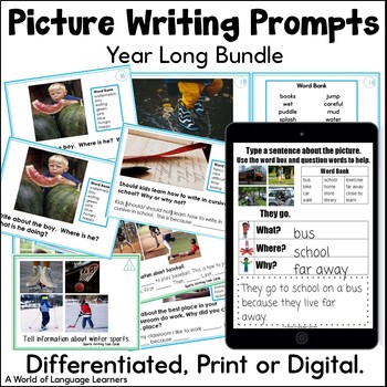 Preview of Year Long Picture Writing Prompts Task Card Bundle Print and Digital