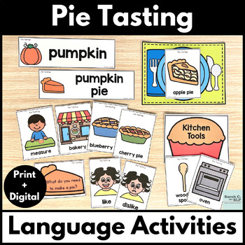 Preview of Pie Tasting Language Therapy Activities & Worksheets with Vocabulary & Verbs