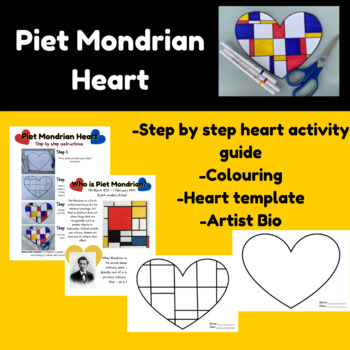 Preview of Piet Mondrian Heart Activity- Step by step guide, bio, template + colouring