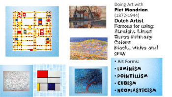 Preview of Piet Mondrian PPT - Biography, Realism to Abstract, Art Themes, Craft Projects!