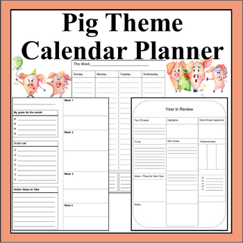 Preview of Pig Theme Yearly and Monthly Planning Calendar- Goal Planner or School Agenda