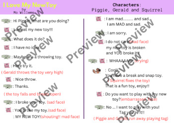 Preview of Piggie and Gerald 5 minute Scripts I Love My New Toy!