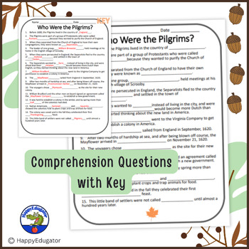 Thanksgiving Activity - Pilgrims Reading Comprehension Passage by