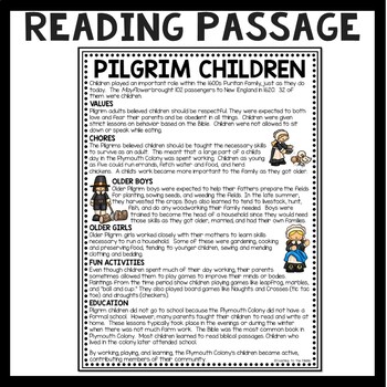 Pilgrim Children Reading Comprehension Worksheet by Teaching to the Middle