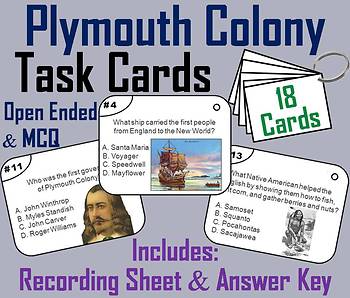 Preview of Plymouth Colony Task Cards Activity: Indians, Pilgrims, Mayflower Compact, etc.