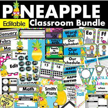 Preview of Pineapple Classroom Theme Decor Bundle EDITABLE 30% off