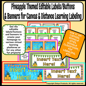 Preview of Pineapple Themed Editable Buttons & Banners for Canvas, Schoology, etc.