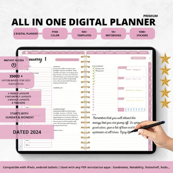 Preview of Pink All-in-One Dated 2024 Digital Planner Daily Weekly Monthly Yearly