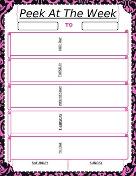 Preview of Pink & Black Fancy/Girly Themed Student Agenda/Peek at the Week *Customizable*