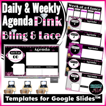 Preview of Pink Bling & Lace February Daily and Weekly Agenda Templates for Google Slides™