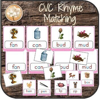 Preview of Pink CVC Rhyme and Picture Card Match Print Distance Montessori