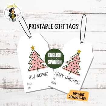 Preview of Pink Christmas Tree Printable Tag | Holiday Gift Tag for Kids | Feliz Navidad