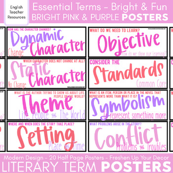 Preview of Pink Classroom Decor: Literary Terms Posters, Reading Response, Word Wall