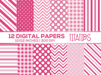 Preview of Pink Digital Paper Set, Stripes, Polka Dots, Chevron, Scrapbooking Backgrounds