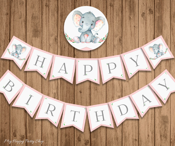 Preview of Pink Elephant Birthday Banner, Happy Birthday, Bday Decor, PRINTABLE