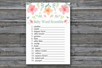 Pink Flowers Baby Word Scramble Game,Floral Baby shower games-104