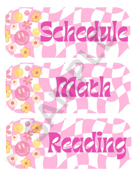 Preview of Pink Groovy Classroom Schedule Cards EDITABLE