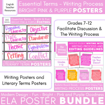 Preview of Pink Literary & Writing Poster Bundle: Writing Process, Literary Devices