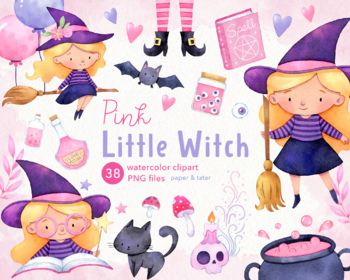 Preview of Pink Little Witch Watercolor Halloween Clipart, Cute Witch PNG