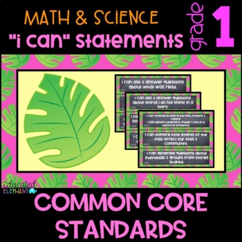 Preview of Pink Palms Common Core "I Can" Statements - Math & Science - First Grade (1st)