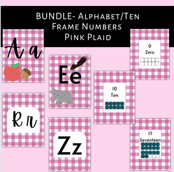 Preview of Pink Plaid Theme Alphabet and Ten Frame Numbers Posters BUNDLE
