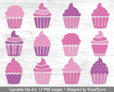 Pink and Purple Cupcakes Clip Art, 12 Hand Drawn Cupcake I