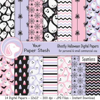 Preview of Pink Purple Halloween Ghost Spider Digital Paper Backgrounds Graphics