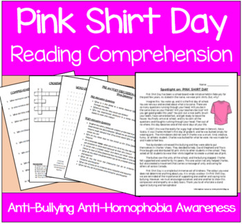 Preview of Pink Shirt Day Reading Comprehension (Anti-Bullying Anti-Homophobia Awareness)