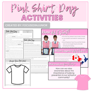 Preview of Pink Shirt Day - Middle School, Comprehension Activities, Digital and Paper, ELA