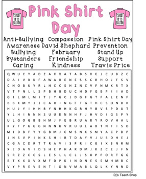 Pink Shirt Day Vocabulary Word Search (with Answer Key) by DJ's Teach Shop