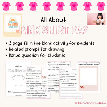 Preview of Pink Shirt Day - fill in the blank workbook for students with answer key