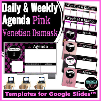 Preview of Pink Venetian Damask Valentine's Daily Agenda Template for Google Slides™