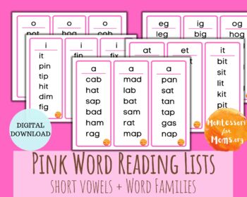 Preview of Pink Word Lists Montessori Reading Activity Phonics Early Childhood Kindergarten