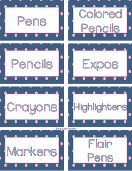 Pink and Navy Polka Dot Classroom Supply Labels - Editable by Education ...