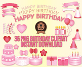 Girls Pink Birthday Clipart - 36 Png Party Illustrations, 