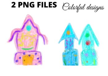 Preview of Pink blue green watercolor fairy house png clipart
