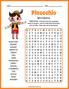 pinocchio word search worksheet by puzzles to print tpt