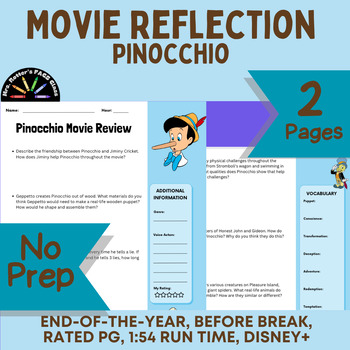 Preview of Pinocchio (original 1940) Movie Review Worksheet - Disney+ Rated: PG, Time: 1:54