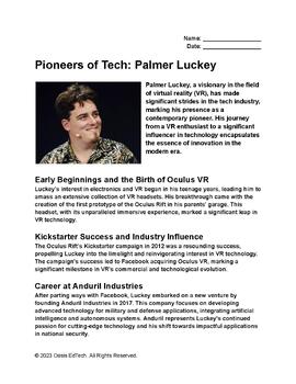 Preview of Pioneers of Tech: Palmer Luckey, Oculus and Anduril Industries Worksheet