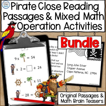 Preview of Pirate Close Reading and Math Operations Brain Teaser Activity Bundle