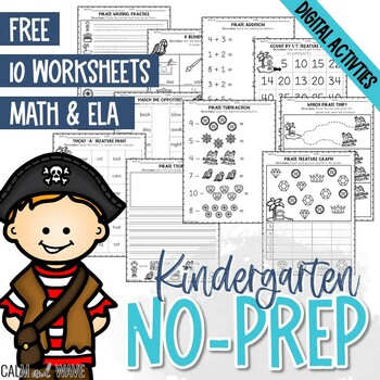 Preview of Free No-Prep Kindergarten Worksheet - Pirates -  ELA and Math | Digital Activity